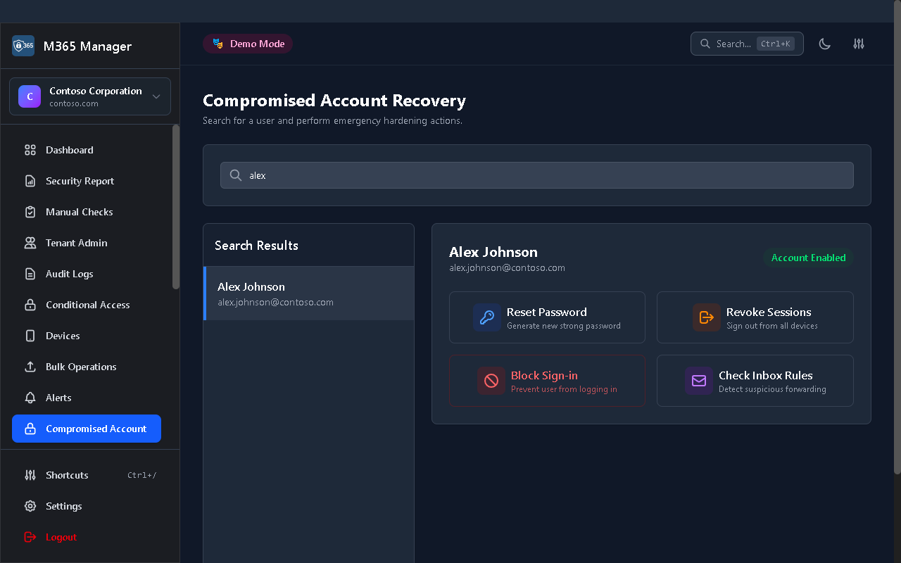 Compromised account response workflow with one-click remediation actions